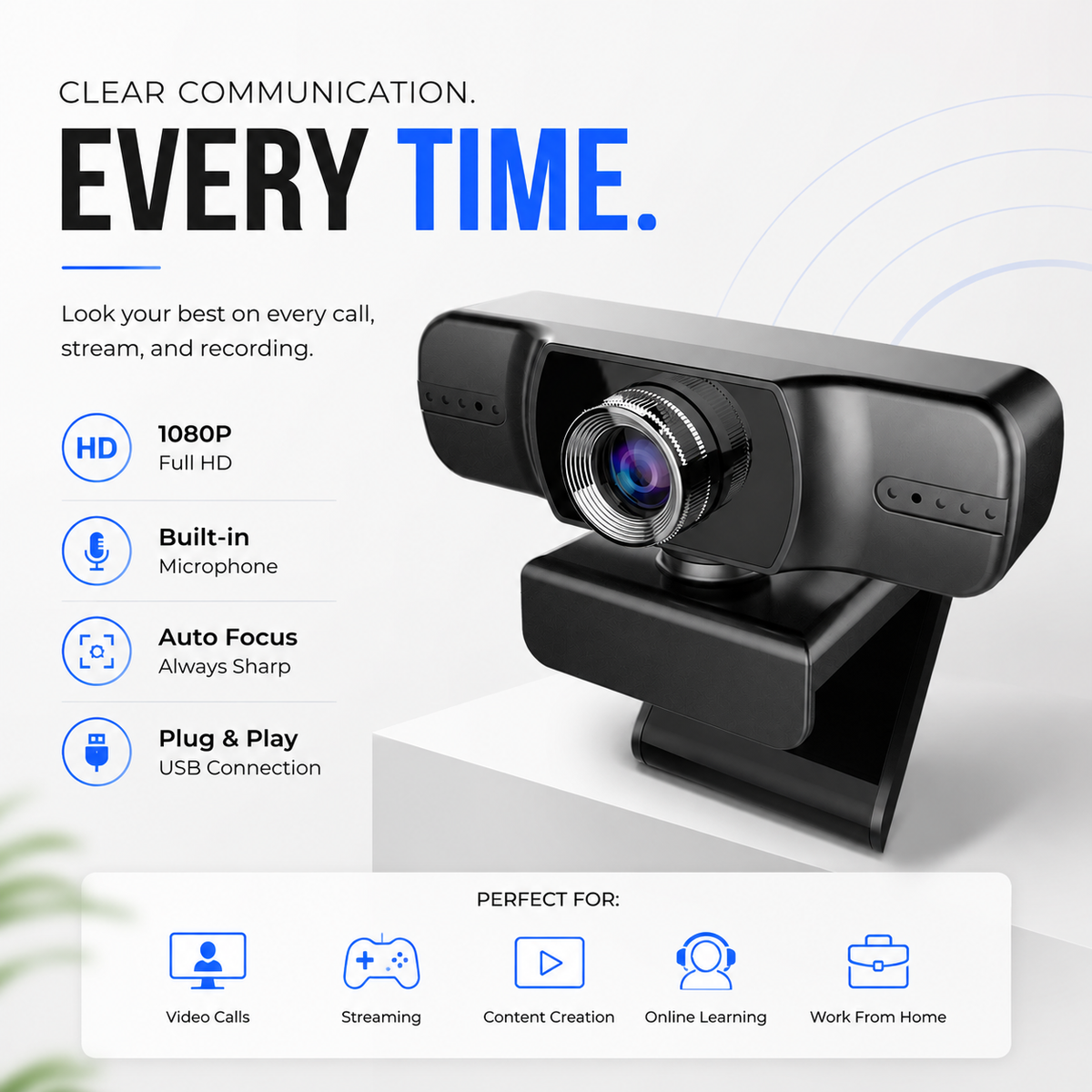 USB HD Webcam with built-in microphone and auto focus for clear video calls and streaming.