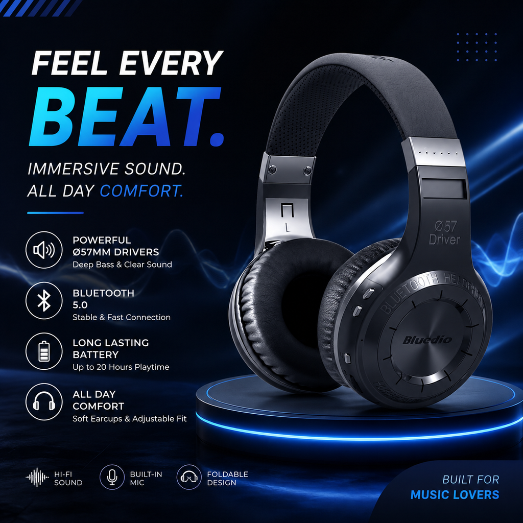 Wireless Stereo Headset with Deep Bass Sound featuring 57mm drivers and Bluetooth 5.0, designed for immersive sound and comfort.