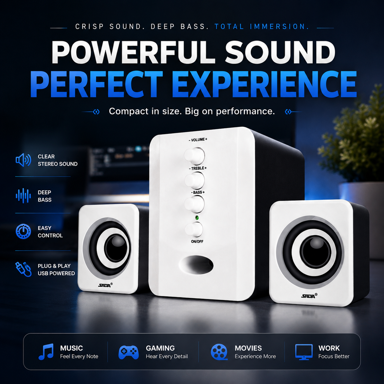 Computer Speakers Stereo Sound System – USB Powered, 3.5mm Wired Desktop Speakers with Deep Bass for PC, Laptop & Gaming Setup